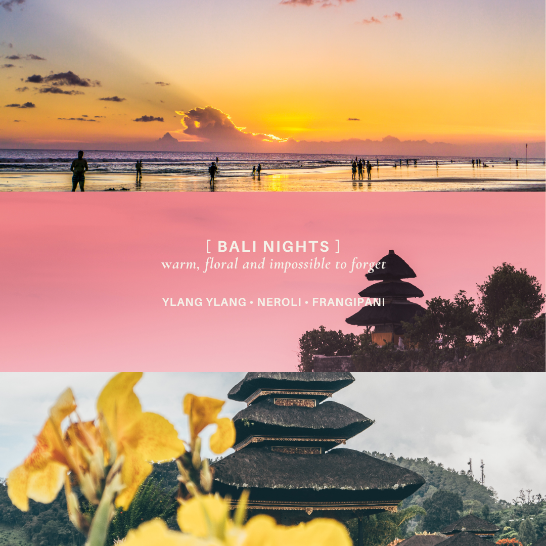 Collage of Bali scenes including sunset, temple, and flowers with text overlay.