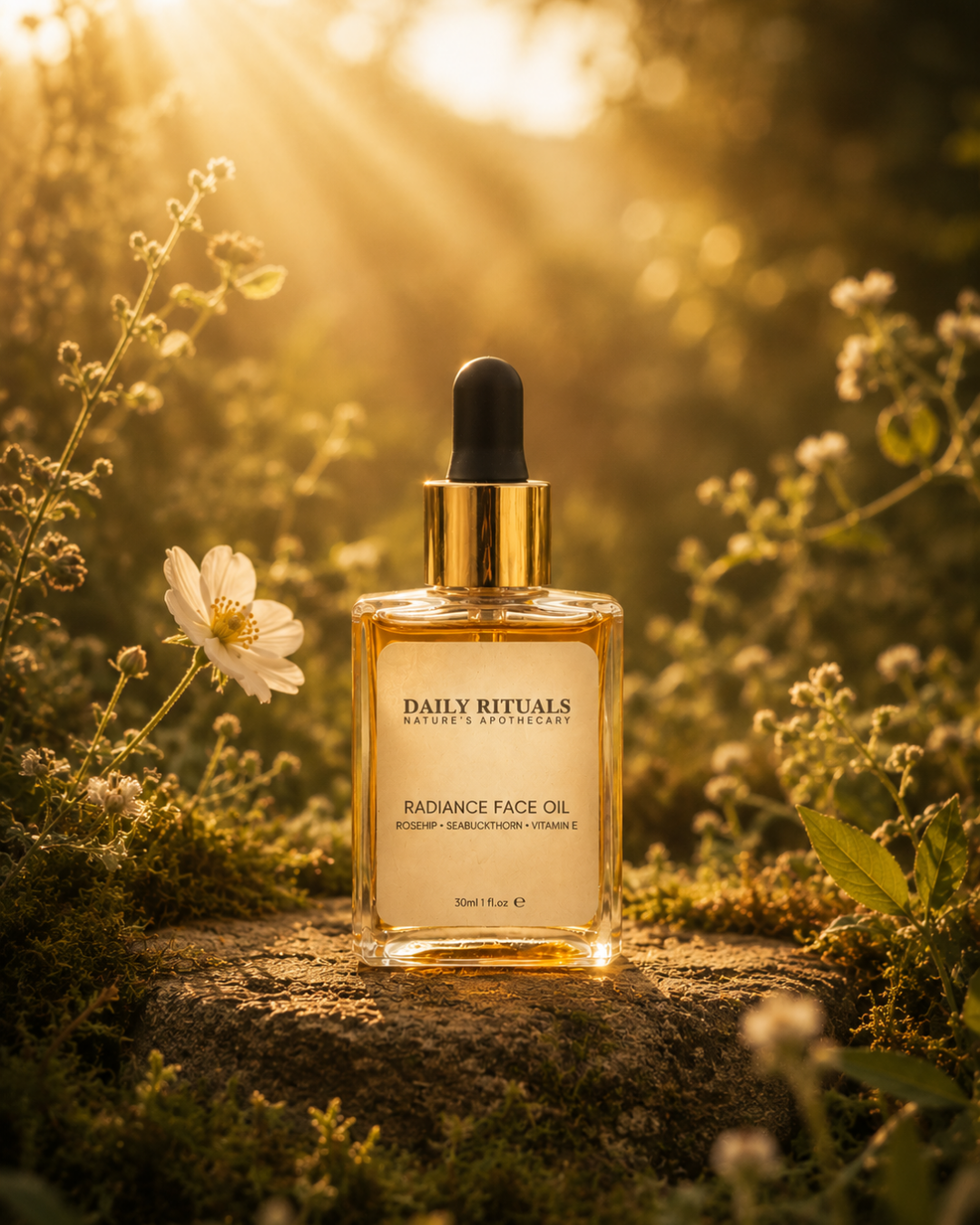 Radiance Face Oil bottle with dropper, amber glass, natural ingredients