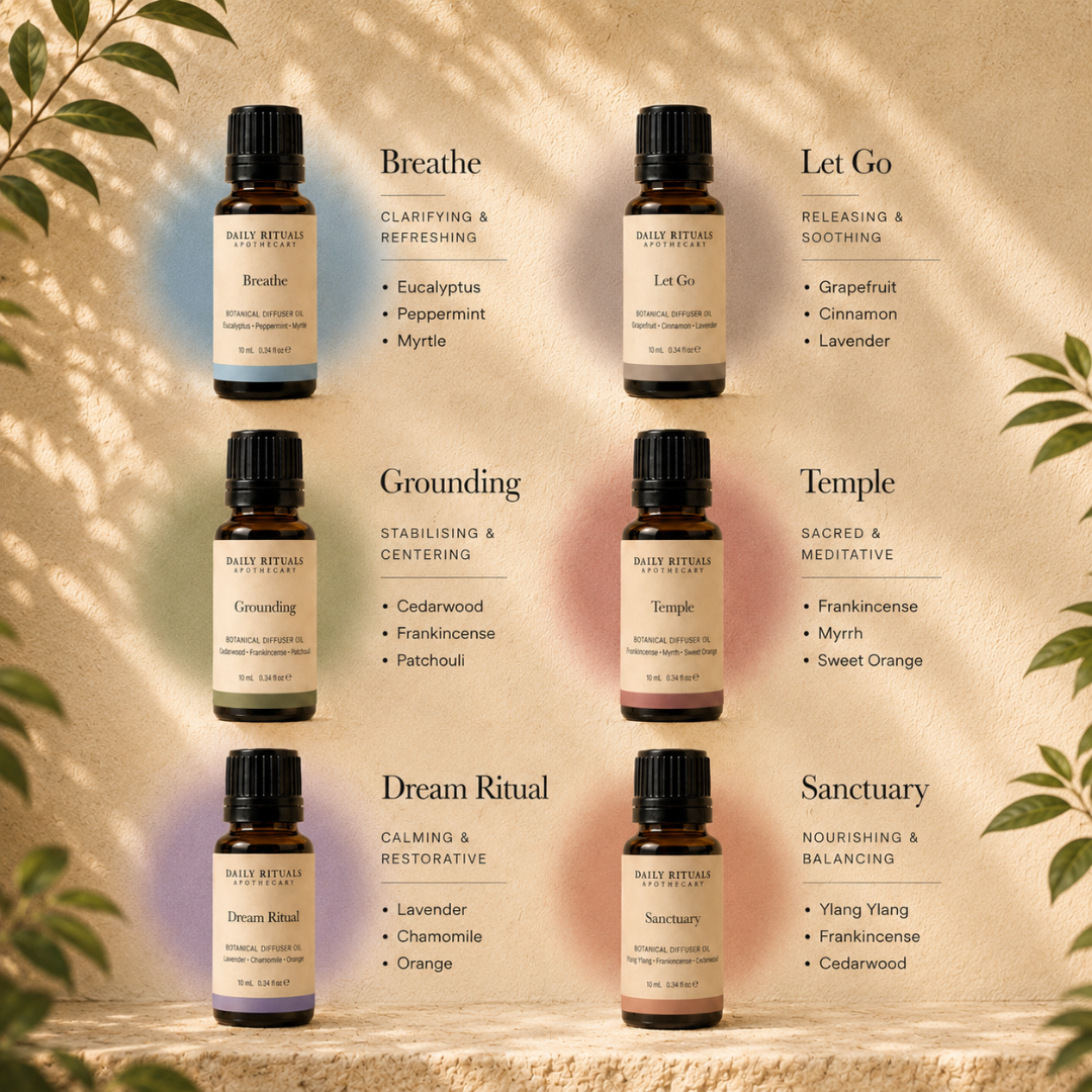 Six small amber glass essential oil bottles from Daily Ritual Cosmetics arranged in a 3x2 grid on a warm beige textured background with decorative leaf shadows. Each bottle is labeled with a different scent name: Breathe, Let Go, Grounding, Temple, Dream Ritual, and Sanctuary.