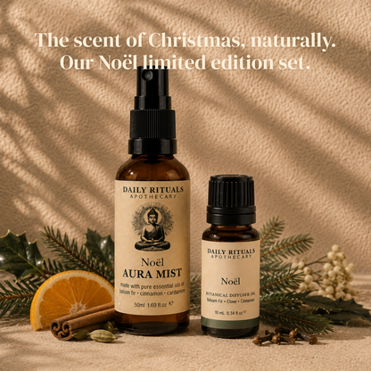 Noël limited edition aromatherapy set with aura mist and diffuser oil. Balsam fir, cinnamon and clove. Natural, vegan, made in Australia. Shop the festive ritual.