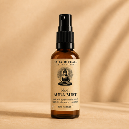 Noël limited edition aromatherapy set with aura mist and diffuser oil. Balsam fir, cinnamon and clove. Natural, vegan, made in Australia. Shop the festive ritual.