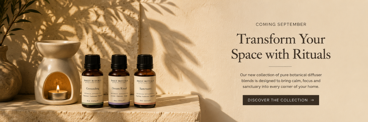 Daily Rituals diffuser oil trio — Grounding, Dream Ritual, Sanctuary botanical diffuser blends with ceramic oil burner, coming September