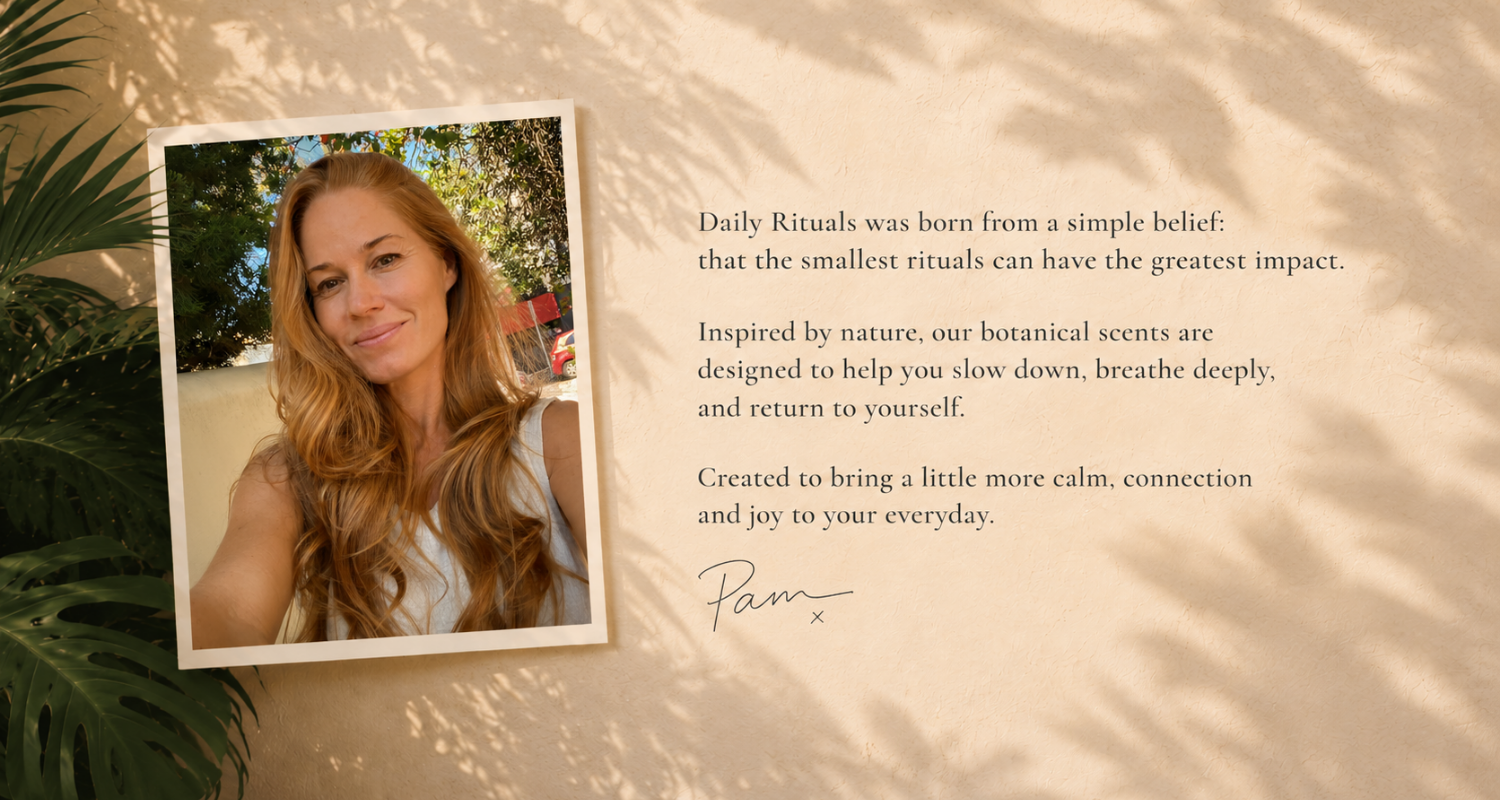 Pam, founder of Daily Rituals Apothecary, personal photo with brand story and signature